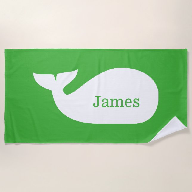 Green Whimsical Whale Personalised Children's Beach Towel (Front)