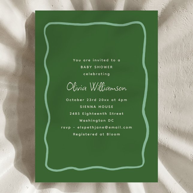 Green Whimsy Wavy Border Modern Script Baby Shower Invitation (Creator Uploaded)