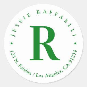 Green & White 2   Monogram Return Address Classic Round Sticker