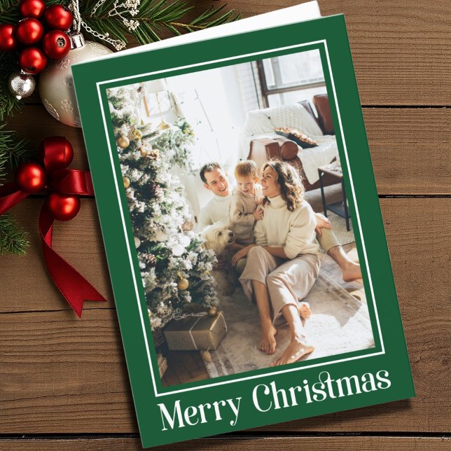 Green White 2 photo Family Merry Christmas Script Holiday Card (Creator Uploaded)
