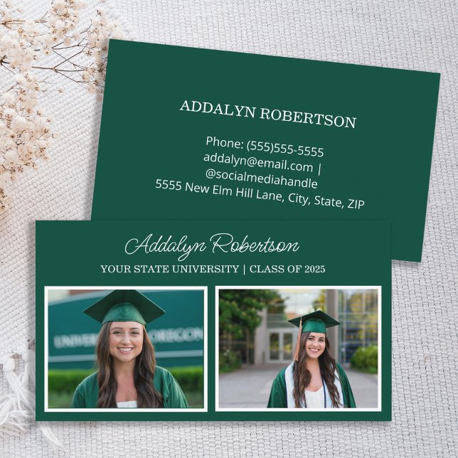 Green White 2 Photo Graduate Name Card  (Green and white 2-photo graduate business card)