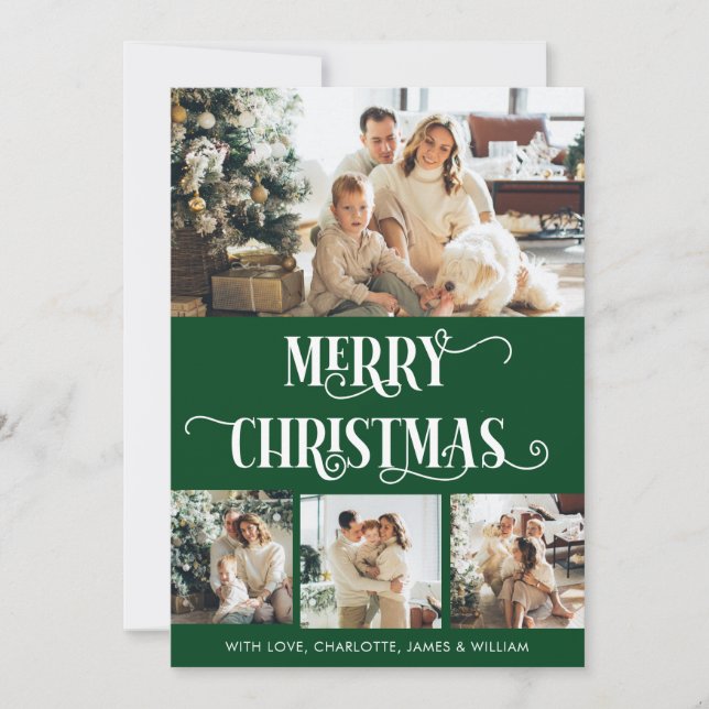 Green & White 4 Photo Collage Merry Christmas  Holiday Card (Front)