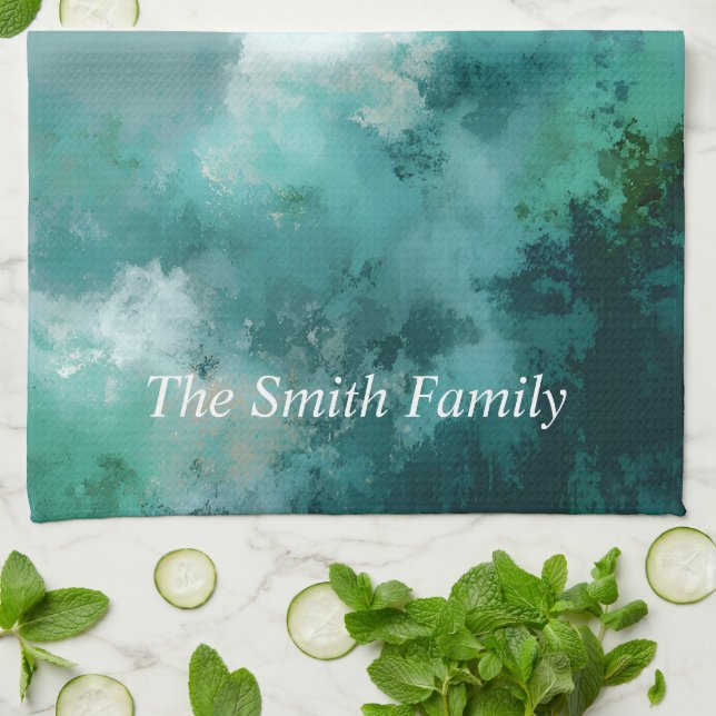 Green & White Abstract Paint  Tea Towel (Folded)