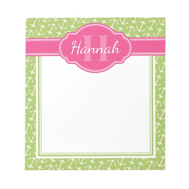 Green White Anchor Pattern Pink Monogram Notepad (Front)