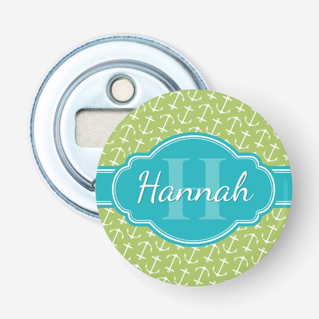 Green White Anchor Pattern Teal Monogram Bottle Opener (Front)