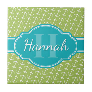Green White Anchor Pattern Teal Monogram Ceramic Tile
