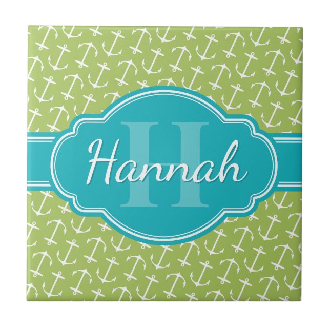 Green White Anchor Pattern Teal Monogram Ceramic Tile (Front)
