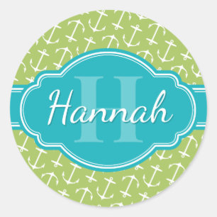 Green White Anchor Pattern Teal Monogram Classic Round Sticker