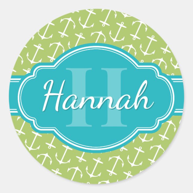Green White Anchor Pattern Teal Monogram Classic Round Sticker (Front)