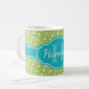 Green White Anchor Pattern Teal Monogram Coffee Mug