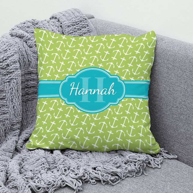 Green White Anchor Pattern Teal Monogram Cushion (Creator Uploaded)