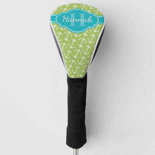 Green White Anchor Pattern Teal Monogram Golf Head Cover