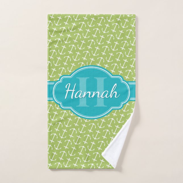 Green White Anchor Pattern Teal Monogram Hand Towel (Hand Towel)