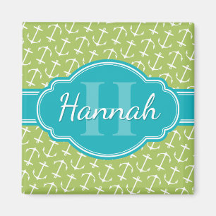 Green White Anchor Pattern Teal Monogram Magnet