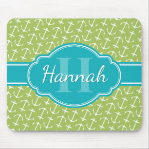 Green White Anchor Pattern Teal Monogram Mouse Pad