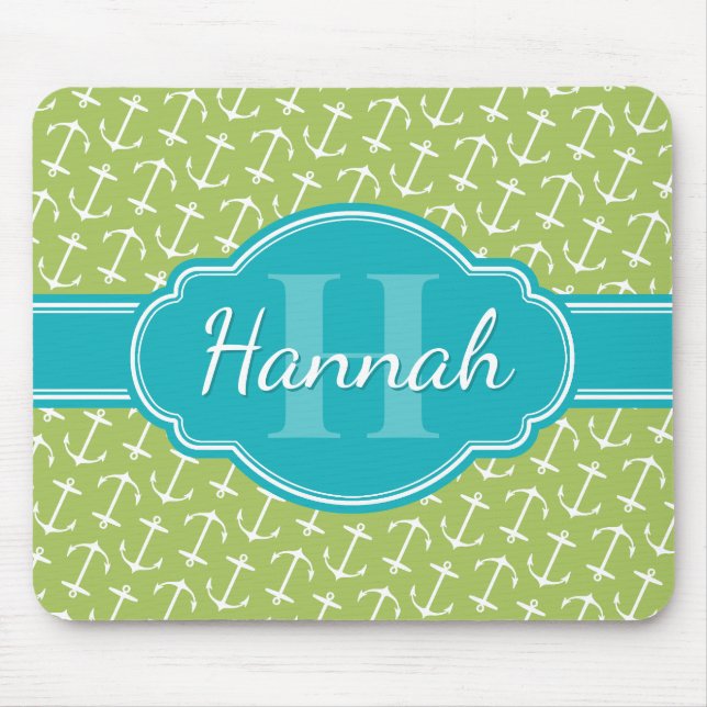 Green White Anchor Pattern Teal Monogram Mouse Pad (Front)