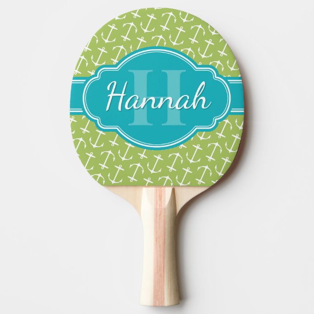 Green White Anchor Pattern Teal Monogram Ping Pong Paddle (Front)