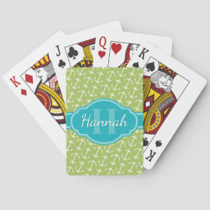 Green White Anchor Pattern Teal Monogram Playing Cards