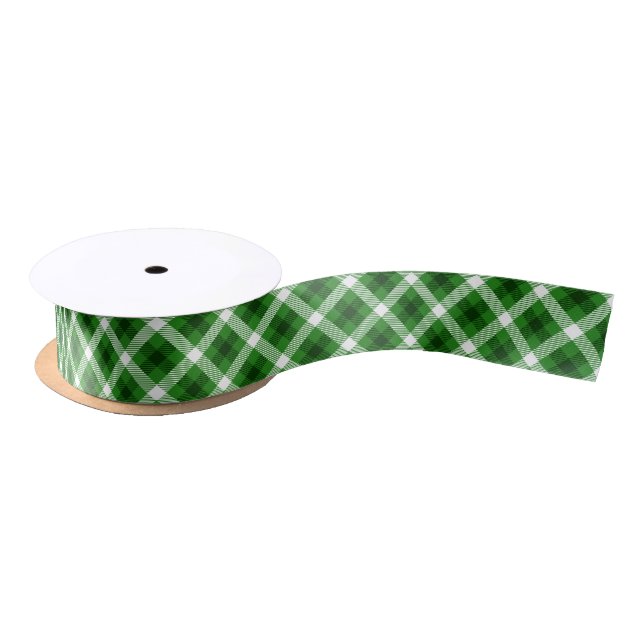 Green white and black buffalo plaid pattern satin ribbon (Spool)