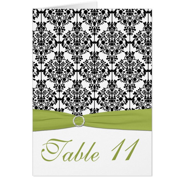 Green, White, and Black Damask Table Number Card (Front)
