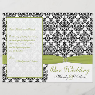 Green, White, and Black Damask Wedding Program