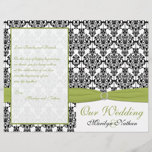 Green, White, and Black Damask Wedding Program (Front)