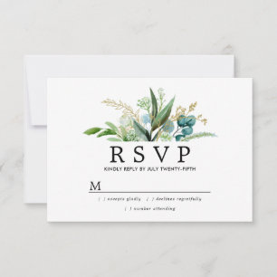 Green White and Gold Botanical Wedding RSVP Card