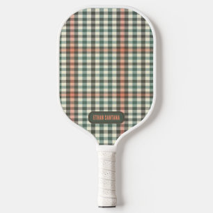Green, White, and Orange Plaid Pattern Pickleball Paddle