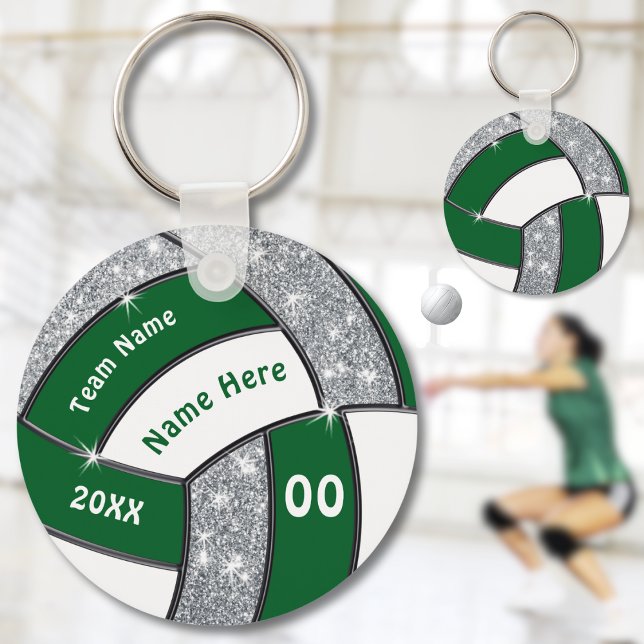 Green, White and Silver Cheap Volleyball Giveaways Key Ring (Green, White and Silver, Personalized Volleyball Souvenirs. Cheap Volleyball gifts for team. )