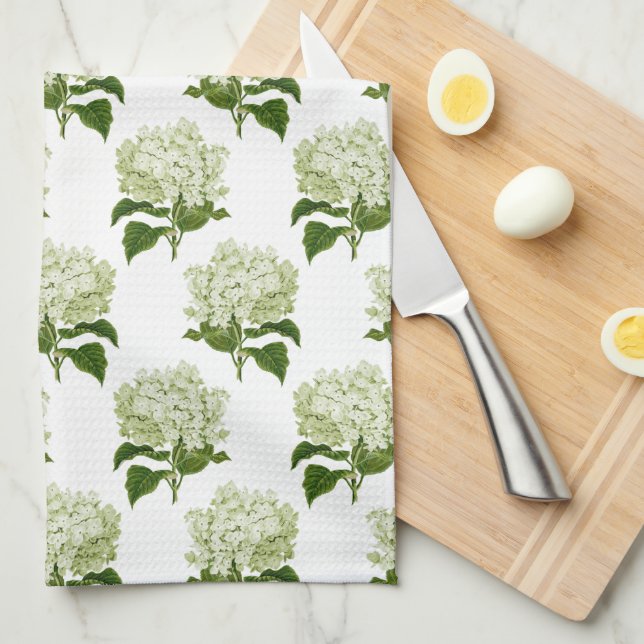 Green White Antique Hydrangea Illustration Pattern Tea Towel (Quarter Fold)
