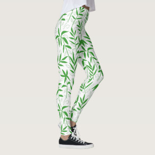 Green & white bamboo leaves Japanese pattern Leggings