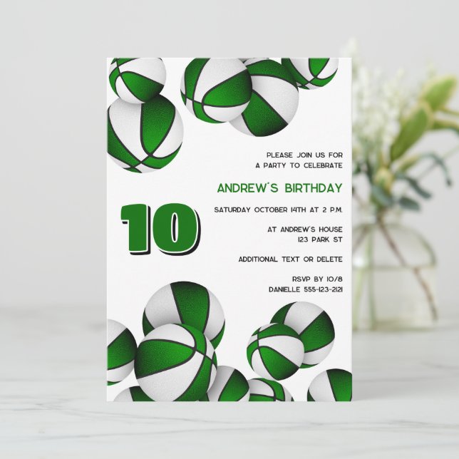 green white basketballs kids sports birthday invitation (Standing Front)