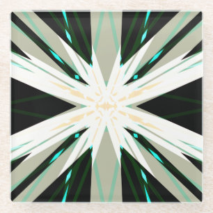 Green White Beige Winter Star Starburst Snowflake Glass Coaster