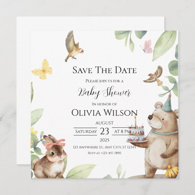 Green White Bird Baby Shower Save The Date Card (Front/Back)