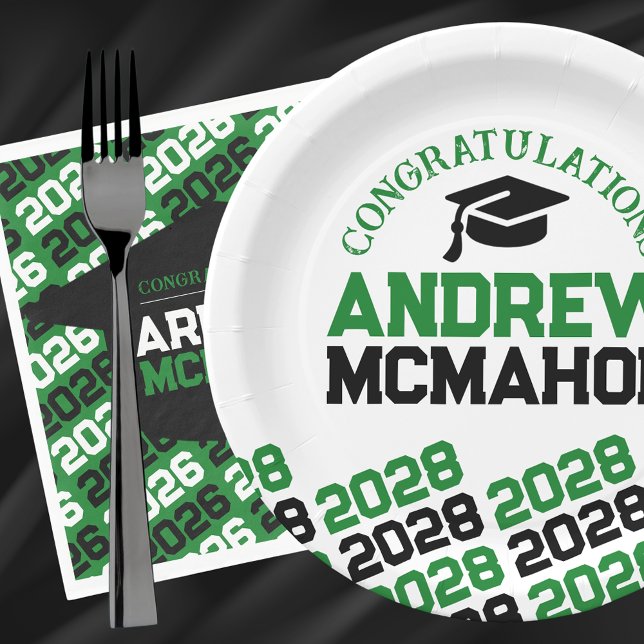 Green White Black Half Repeat Grad Personalised Paper Plate (Green, White and Black Class of Any Year Graduation Party Paper Napkins and Matching Paper Plates)