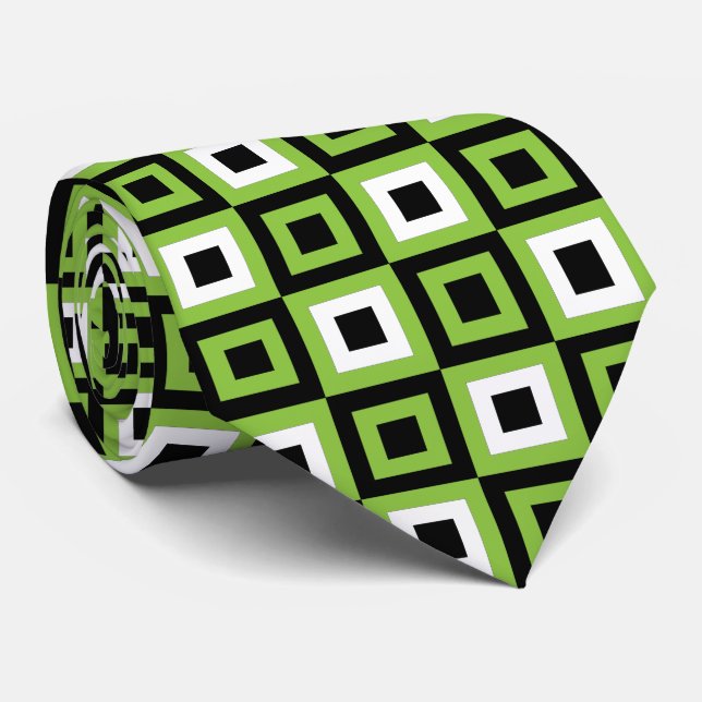 Green White Black Squares Geometric Pattern  Tie (Rolled)