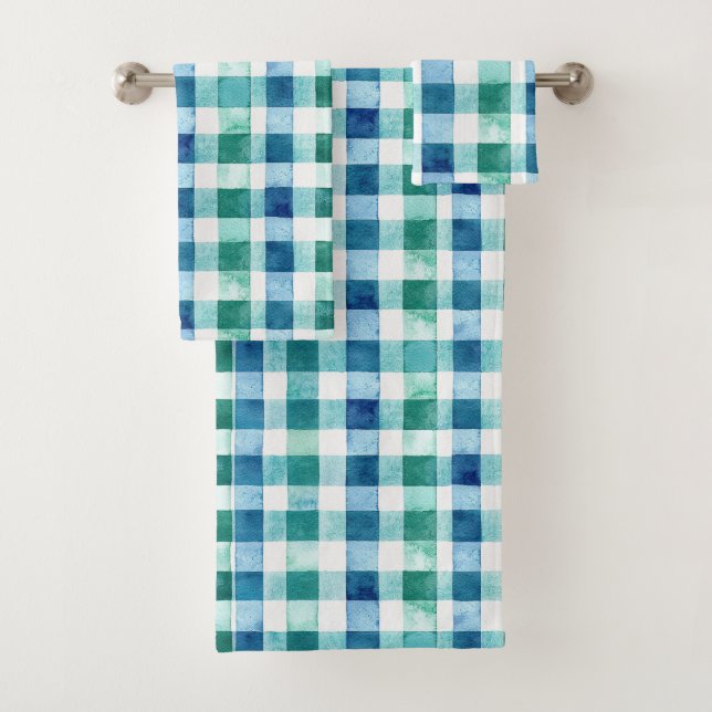 Green White Blue Plaid Stripes Christmas Bath Towel Set (Insitu)
