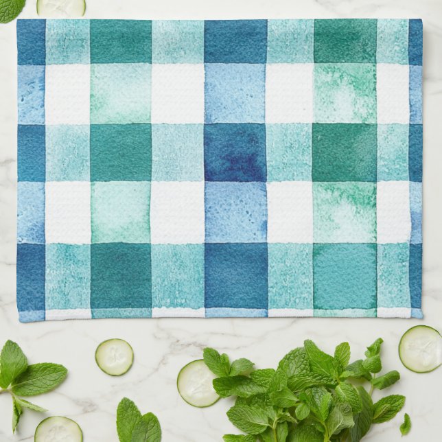 Green White Blue Plaid Stripes Christmas Tea Towel (Folded)