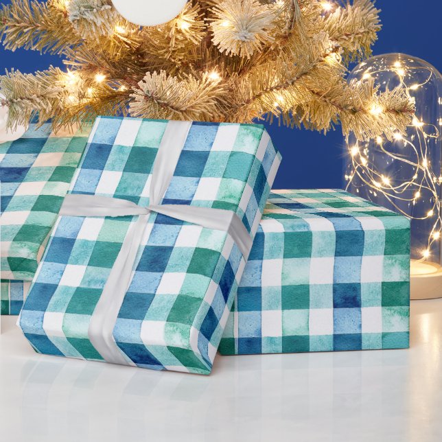 Green White Blue Plaid Stripes Christmas Wrapping Paper (Holidays)