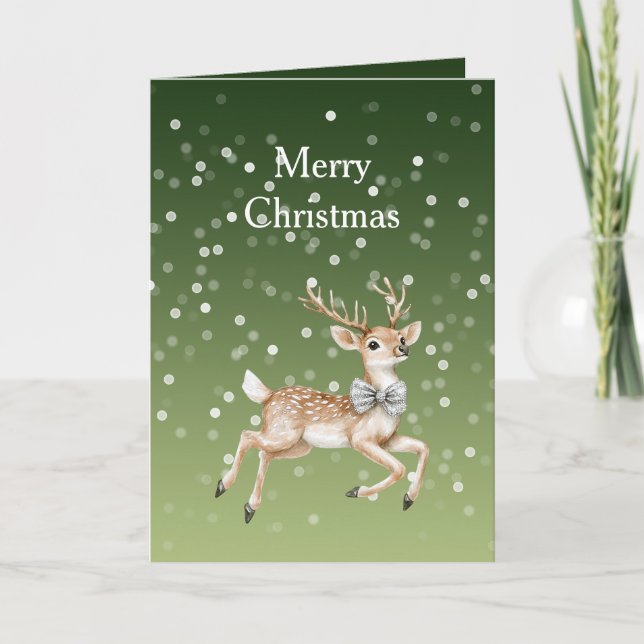 Green White Bokeh Dots Christmas Deer Card (Front)