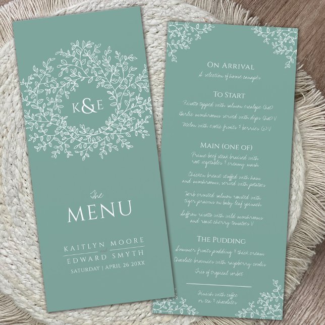 Green white botanic leaf drawing monogram wedding menu (Creator Uploaded)