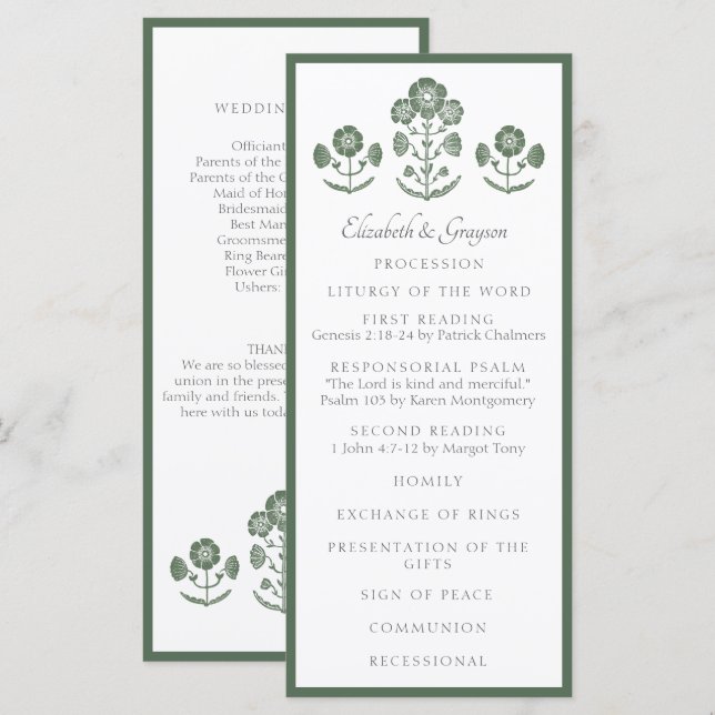 Green & White Botanical Block Print Menu (Front/Back)