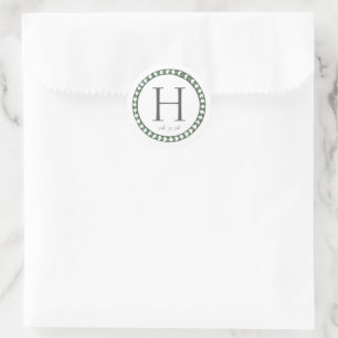 Green & White Botanical Block Print Wedding Classic Round Sticker
