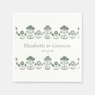 Green & White Botanical Block Print Wedding Napkin