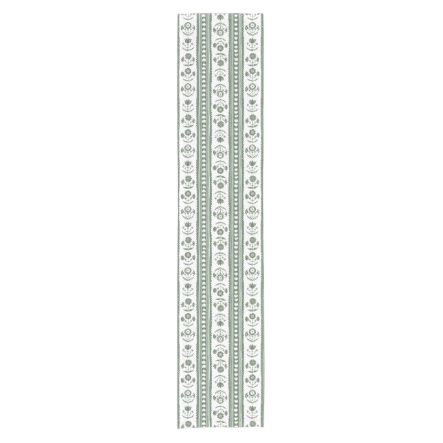 Green & White Botanical Block Print Wedding Short Table Runner (Front)