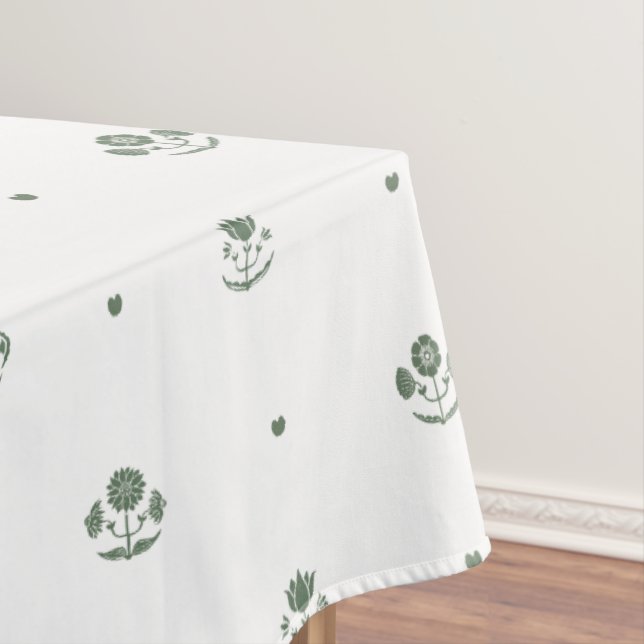 Green & White Botanical Block Print Wedding Tablecloth (In Situ)