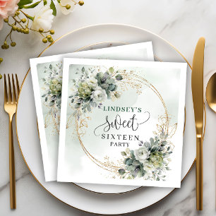 Green White Botanical Sweet Sixteen Party Napkins