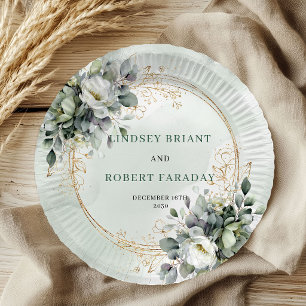 Green White Botanical Watercolor Wedding Paper  Plate