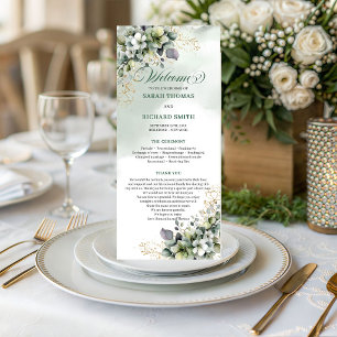 Green White Botanical Watercolor Wedding Program