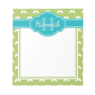 Green White Bow Pattern Teal Monogram Notepad